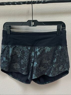 lululemon athletica Black Shorts with Teal Floral Overlay